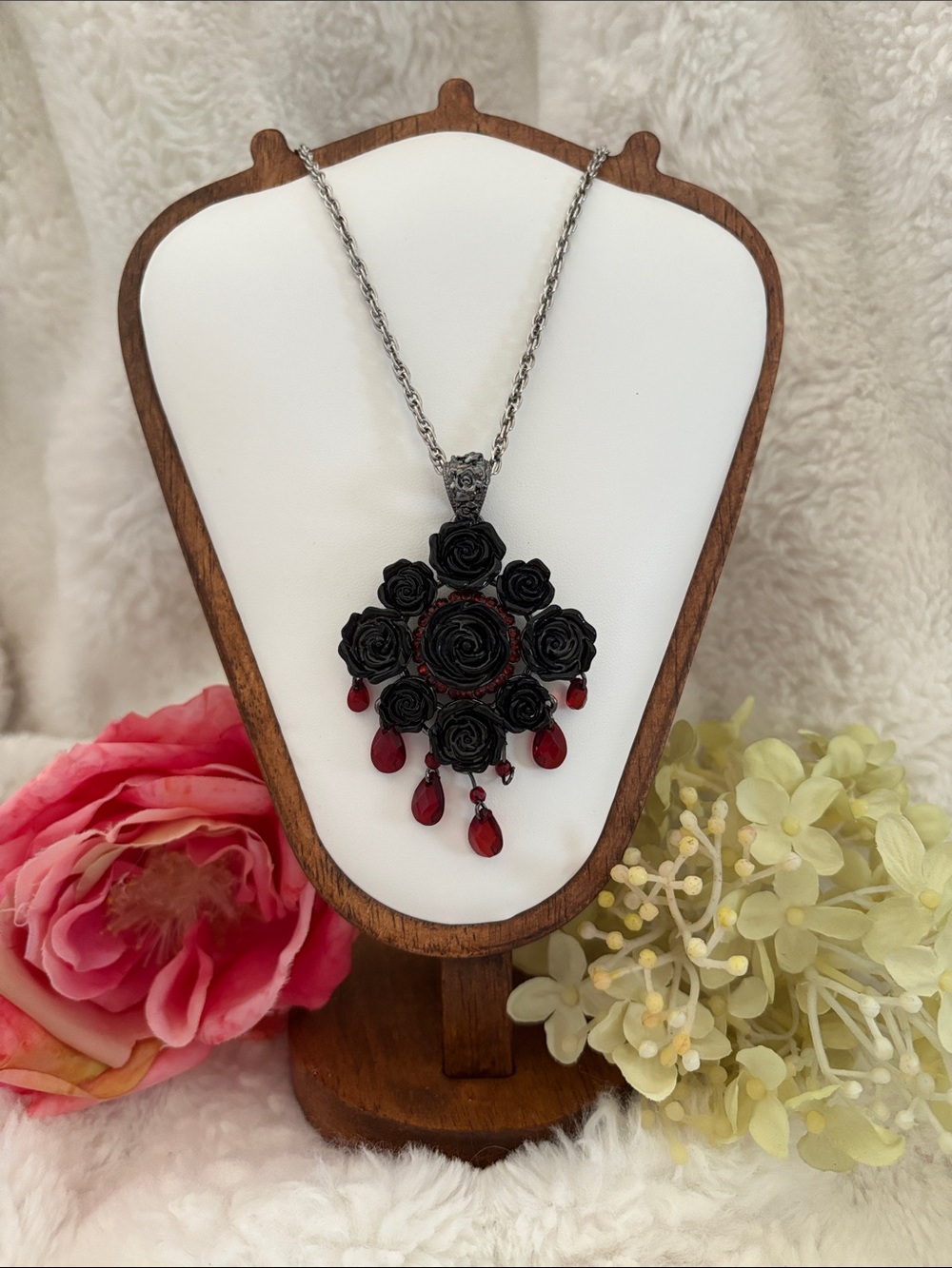 Black Rose Pendant Necklace with Red Teardrop Accents